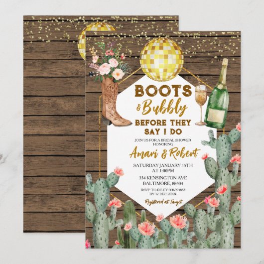 Boots & Bubbly Champagne Western Bridal Shower 招待状 (正面/裏面)