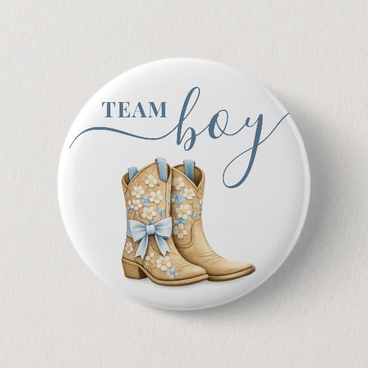 Boots or Bows Gender Reveal Blue Team Boy 缶バッジ (正面)