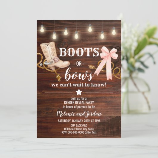 Boots or Bows Gender Reveal Party 招待状 (スタンド正面)