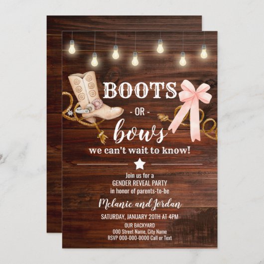 Boots or Bows Gender Reveal Party 招待状 (正面/裏面)