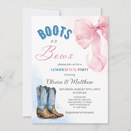 Boots or Bows Gender Reveal Party Invitation 招待状 (正面)