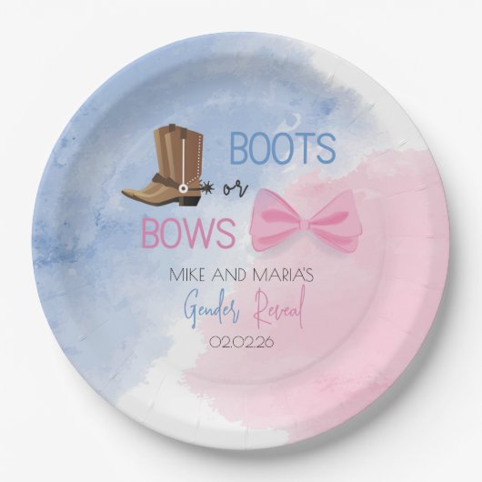 Boots or Bows gender reveal party plates ペーパープレート (正面)