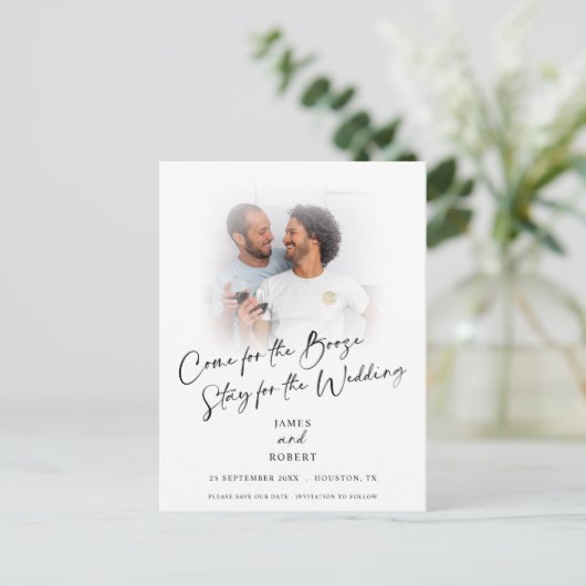 Booze写真来のおもしろいDate Announcemenを保存 案内ポストカード (スタンド正面)