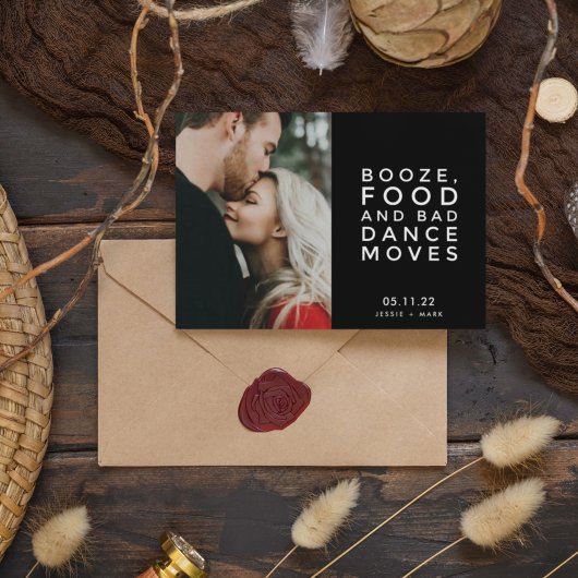 Booze, Food, Bad Dance Moves Photo Save the Dates 案内ポストカード