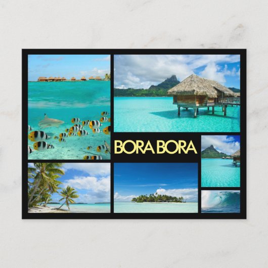 Bora Bora複数イメージコラージュ黒はがき ポストカード (正面)