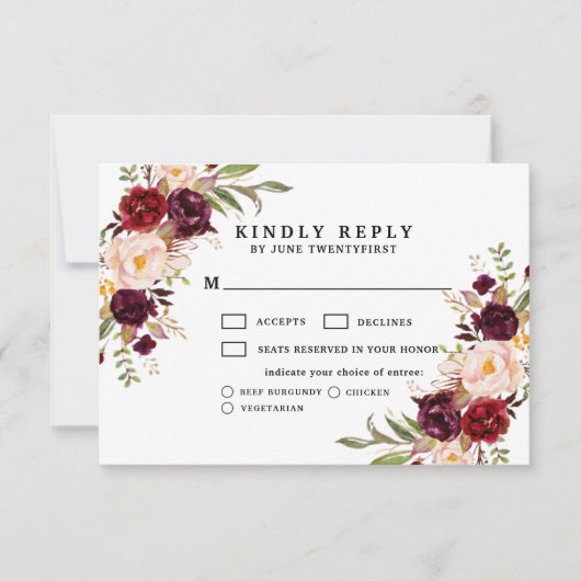 Bordeaux Blush Moody Floral Wedding RSVP Card (正面)