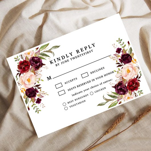 Bordeaux Blush Moody Floral Wedding RSVP Card