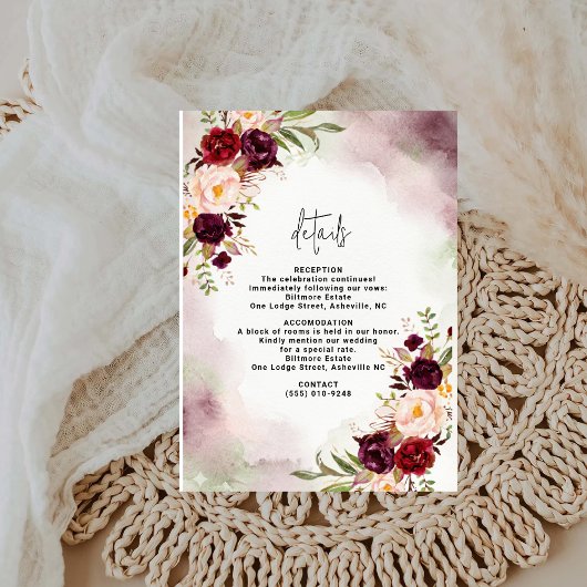 Bordeaux Blush Watercolor Wedding Details Card エンクロージャーカード