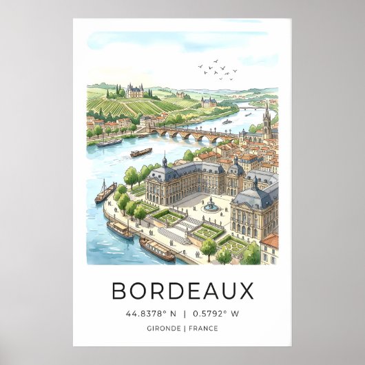 Bordeaux City Art Print Hand-Drawn River Scene ポスター (正面)