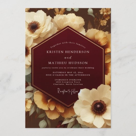Bordeaux Ornate Botanical Wedding 招待状 (正面)