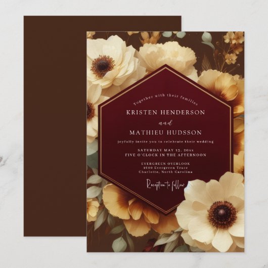Bordeaux Ornate Botanical Wedding 招待状 (正面/裏面)
