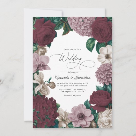 Bordeaux Wine, Mauve Smoke & Tulle Beige Wedding 招待状 (正面)