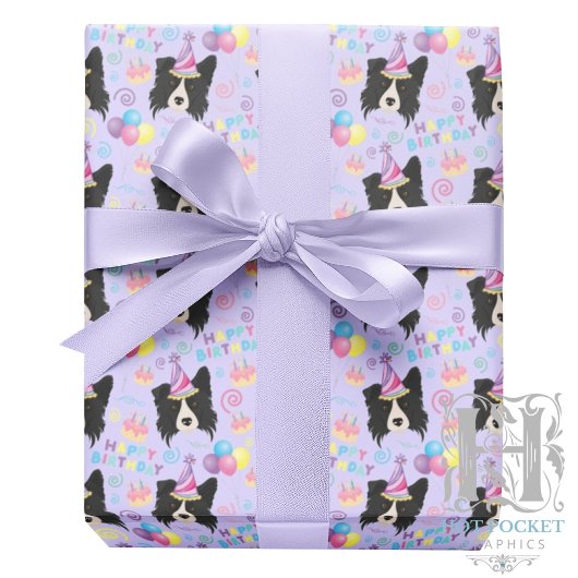 Border Collie Birthday Gift Wrapping Paper Purple ラッピングペーパー