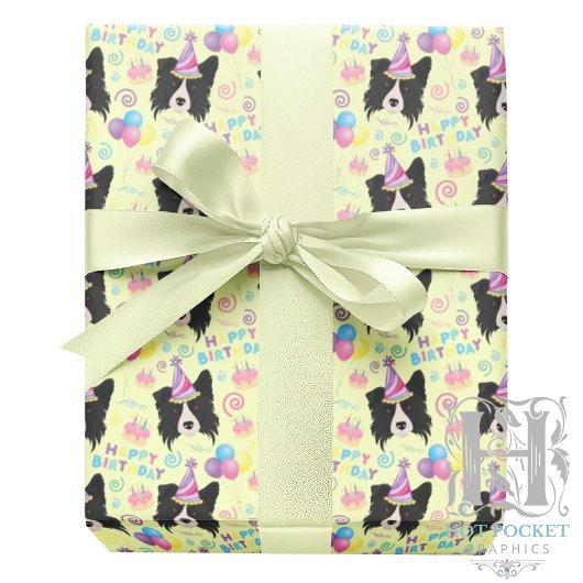 Border Collie Birthday Gift Wrapping Paper Yellow ラッピングペーパー