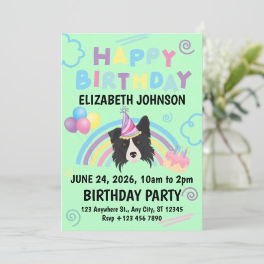 Border Collie Birthday Invitation in Green 招待状 (スタンド正面)