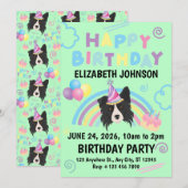 Border Collie Birthday Invitation in Green 招待状 (正面/裏面)