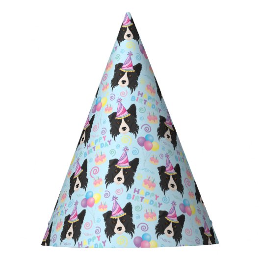 Border Collie Birthday Party Hat Blue パーティーハット (正面)