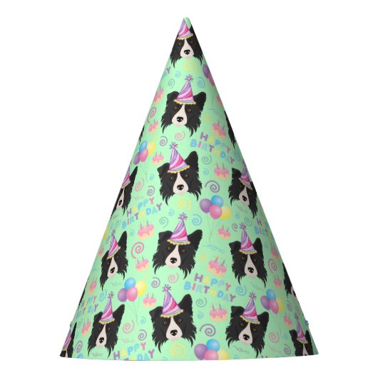 Border Collie Birthday Party Hat Green パーティーハット (正面)