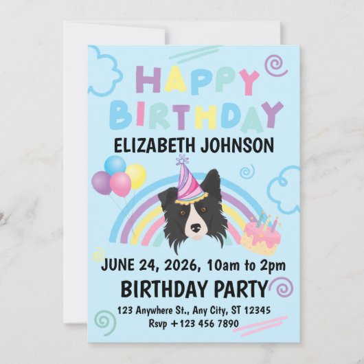 Border Collie Birthday Party Invitation Blue 招待状 (正面)
