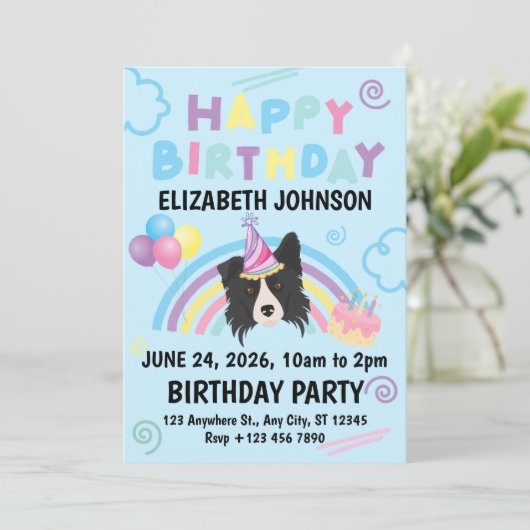 Border Collie Birthday Party Invitation Blue 招待状 (スタンド正面)