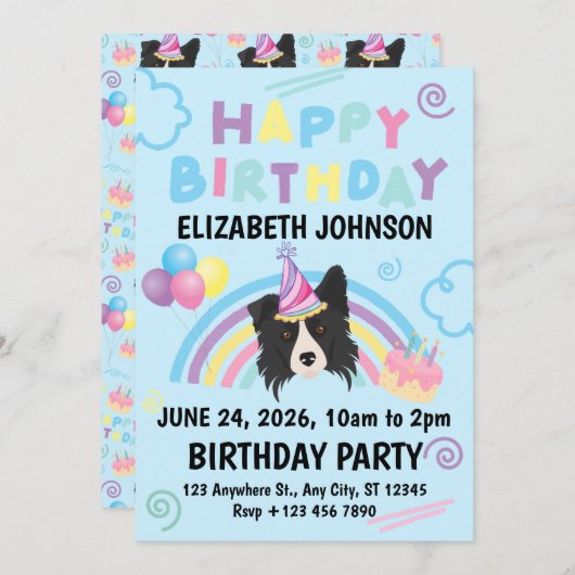 Border Collie Birthday Party Invitation Blue 招待状 (正面/裏面)
