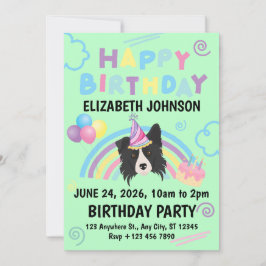 Border Collie Birthday Party Invitation Green 招待状
