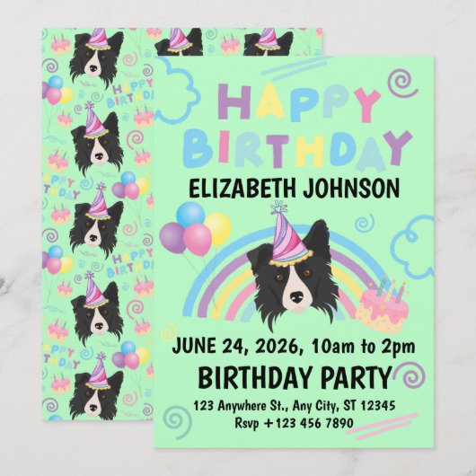 Border Collie Birthday Party Invitation Green 招待状 (正面/裏面)