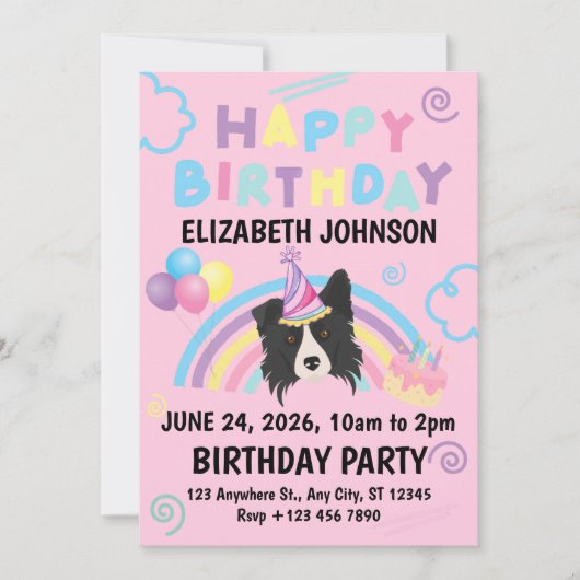 Border Collie Birthday Party Invitation Pink 招待状 (正面)