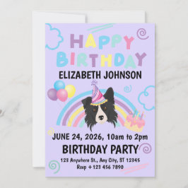 Border Collie Birthday Party Invitation Purple 招待状