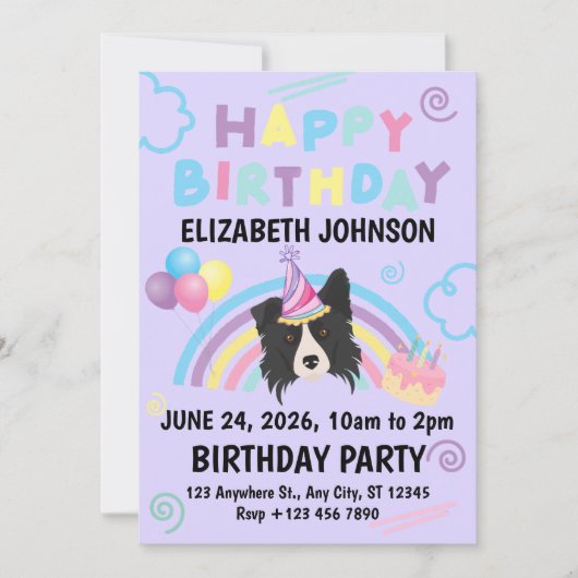 Border Collie Birthday Party Invitation Purple 招待状 (正面)