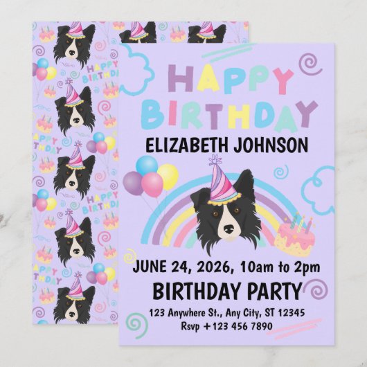 Border Collie Birthday Party Invitation Purple 招待状 (正面/裏面)