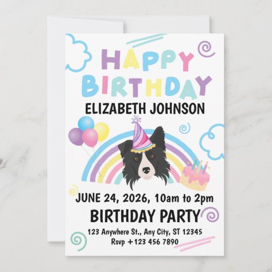 Border Collie Birthday Party Invitation White 招待状 (正面)