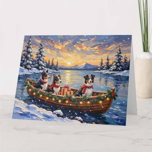 Border Collie Christmas Boat Holiday カード (正面)