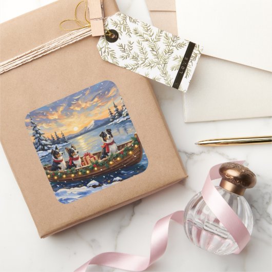 Border Collie Christmas Boat Holiday スクエアシール (ギフト)