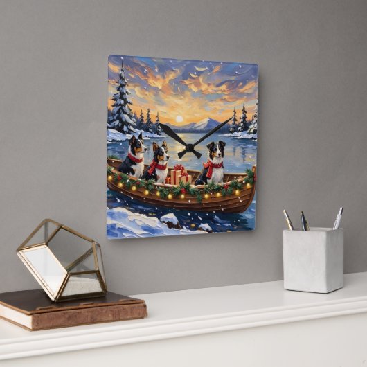 Border Collie Christmas Boat Holiday スクエア壁時計 (オフィス)