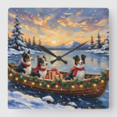 Border Collie Christmas Boat Holiday スクエア壁時計 (正面)