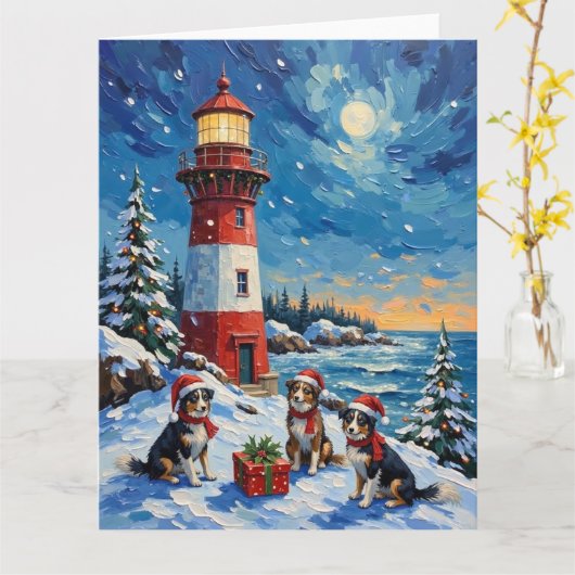 Border Collie Christmas Lighthouse Holiday カード (黄色い花)