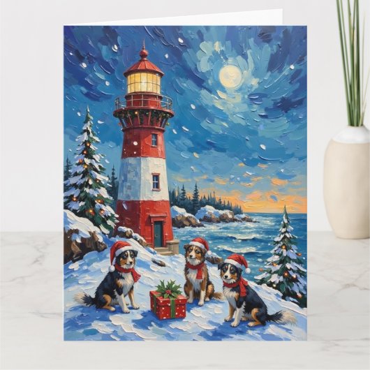 Border Collie Christmas Lighthouse Holiday カード (正面)