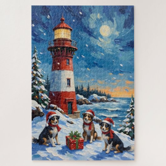 Border Collie Christmas Lighthouse Holiday ジグソーパズル (縦)