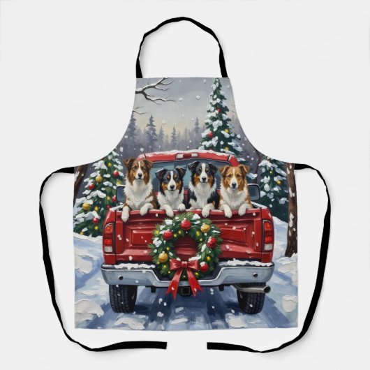 Border Collie Christmas Red Truck Holiday エプロン (正面)