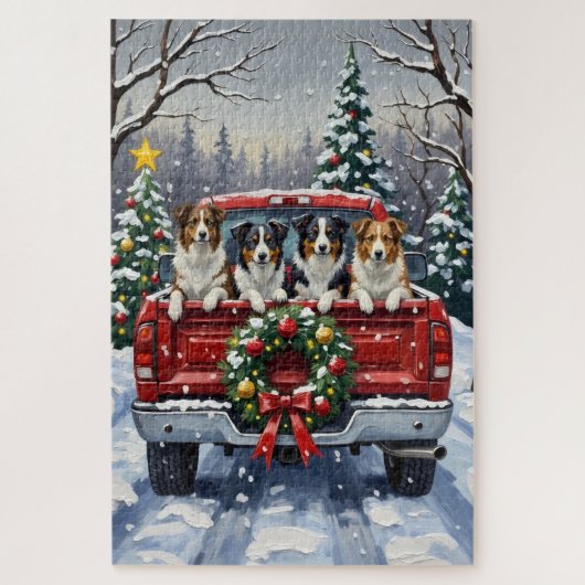 Border Collie Christmas Red Truck Holiday ジグソーパズル (縦)