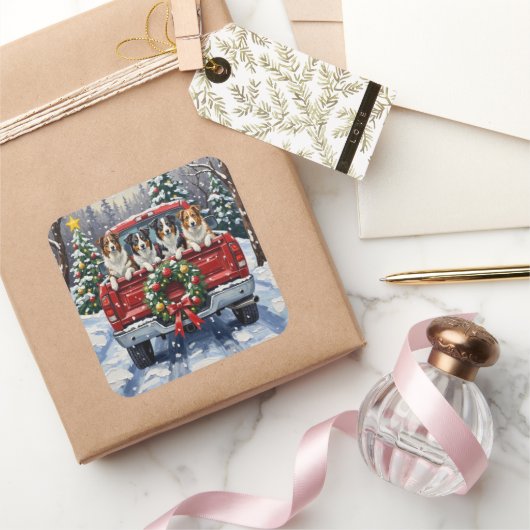 Border Collie Christmas Red Truck Holiday スクエアシール (ギフト)