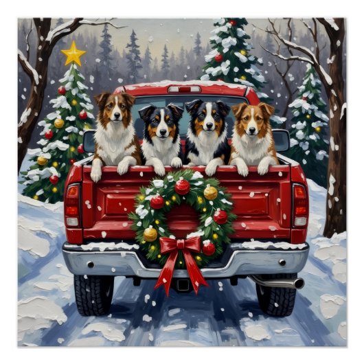 Border Collie Christmas Red Truck Holiday ポスター (正面)