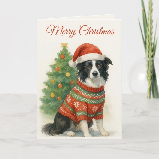Border Collie Christmas Santa Hat & Tree シーズンカード (正面)