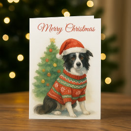 Border Collie Christmas Santa Hat & Tree シーズンカード