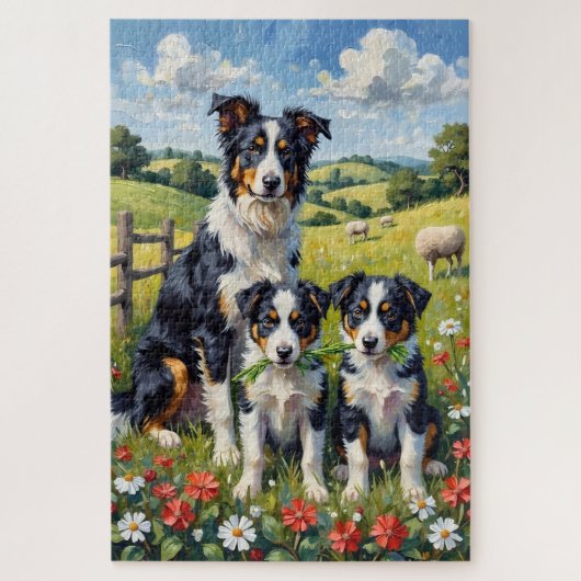 Border Collie Clover Meadow Art ジグソーパズル (縦)