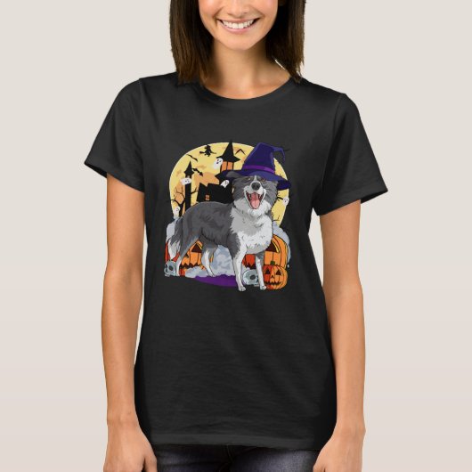Border Collie Cute Dog Halloween Witch Pumpkin Tシャツ (正面)