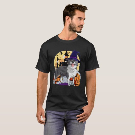 Border Collie Cute Dog Halloween Witch Pumpkin Tシャツ (正面フル)