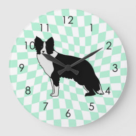 Border Collie Dog Abstract Illustration Checkered ラージ壁時計