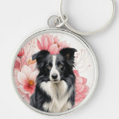 Border Collie Dog and Bold Pink Lilies キーホルダー (正面)